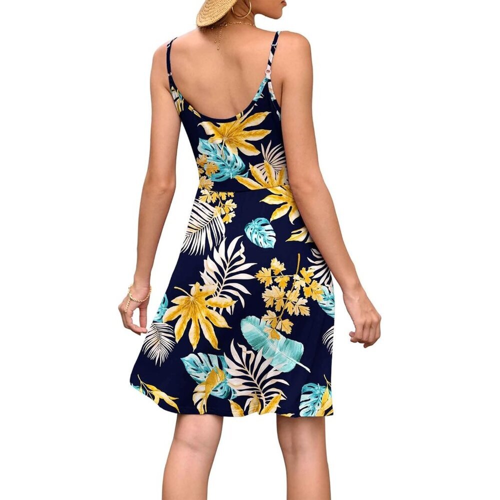 Women's Floral-yellow V Neck Spaghetti Strap Flowy Mini Dress with Pockets - Picture 4 of 5